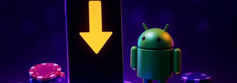 Smartphone on a lit podium showing a large download arrow, with an Android robot and casino chips