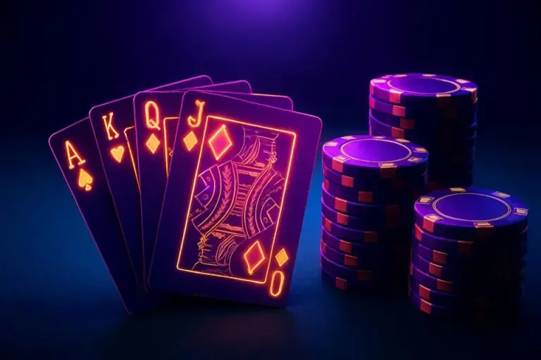 Playing cards and casino chips on a dark felt table, card games at 600VIP