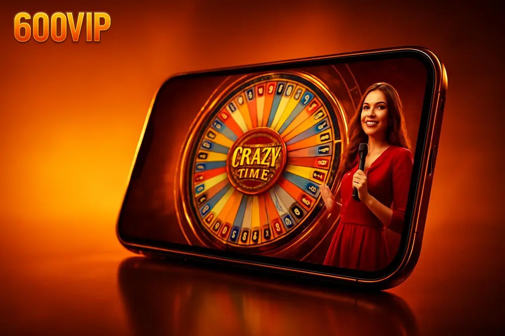 600VIP Crazy Time — a smartphone showing a live colorful wheel casino game