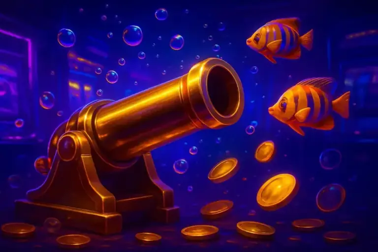 Underwater fishing arcade game with a golden cannon and tropical fish, 600VIP