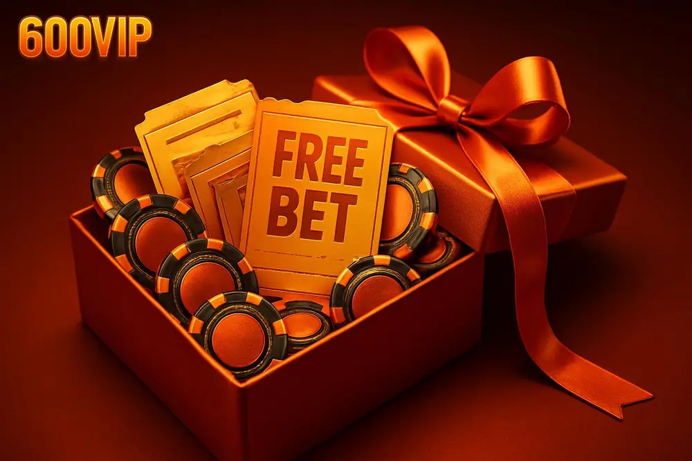 600VIP Free Bet — a gift box overflowing with football tickets and casino chips