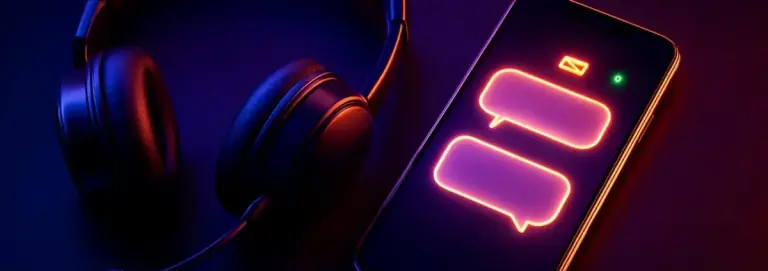 Headset and phone with glowing chat bubbles, a contact and support theme