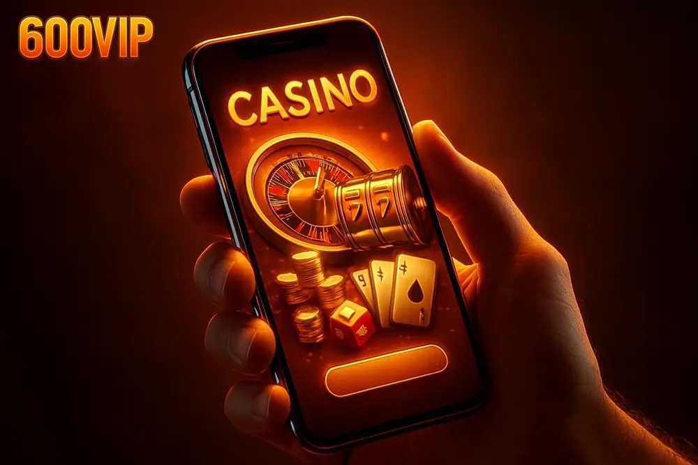 600VIP Bangladesh โ a smartphone screen showing a colorful casino homepage in a hand 600VIP Bangladesh โ a smartphone screen showing a colorful casino homepage in a hand