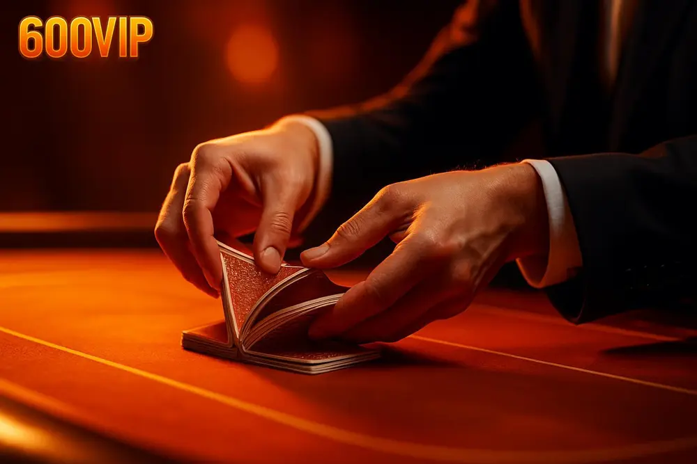 600VIP Live Casino — a dealer's hands shuffling cards on a live-streamed casino table