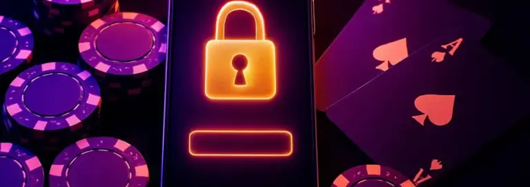 Smartphone showing a login screen with a gold padlock, casino chips and playing cards around it