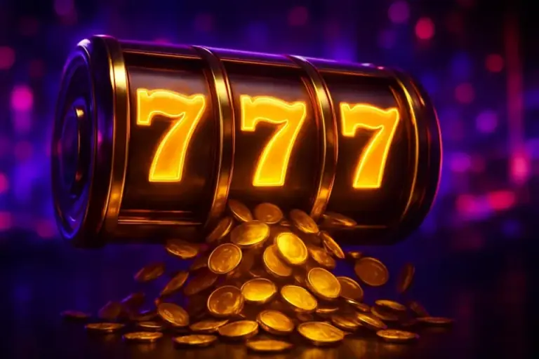 Golden slot machine reels with a cascade of coins, slots at 600VIP