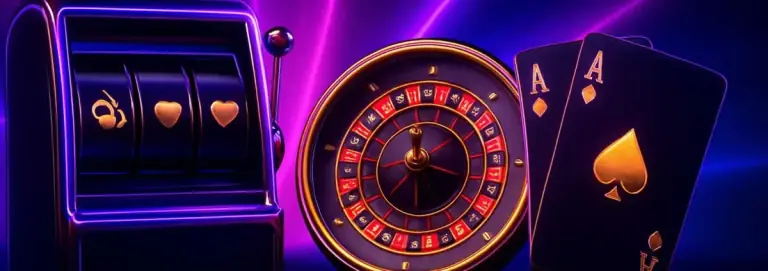 Slots, roulette and card games pictured together on a dark stage
