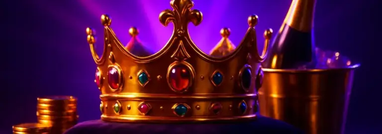 Royal crown and gold coins under soft light rays