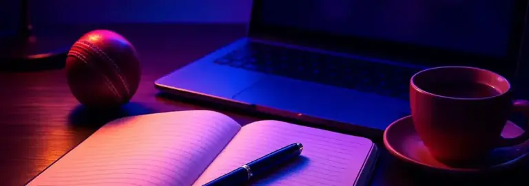Tidy desk with a laptop and an open notebook in warm lamp light